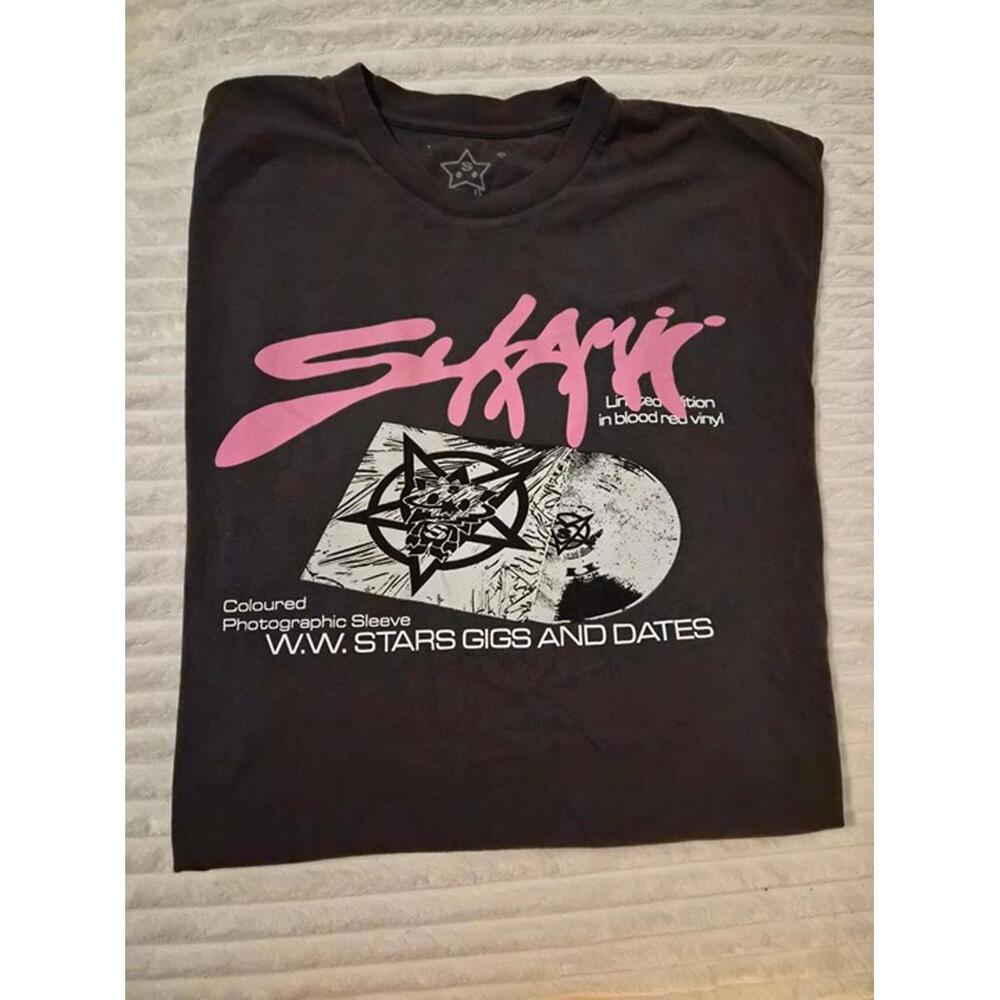 Black Graphic Band T-Shirt with Pink and White Print